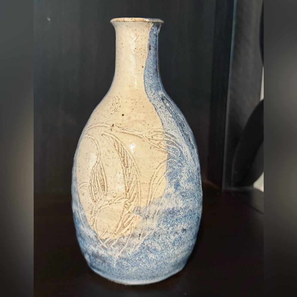 Signed Blue and Cream Ceramic Vase